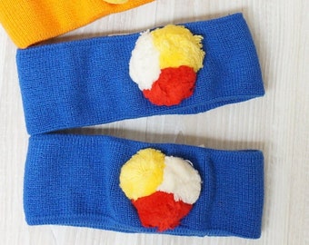 Calentador de orejas azul para bebé, diadema de punto para niña, accesorio deportivo para niños pequeños, jersey de jersey con pompón azul, fabricado en Polonia en los años 80.