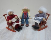 3 German wooden dolls grandmother granny on rocking chair girl peg Erzgebirge folk figurine Vintage wooden Retro made in Germany set