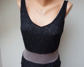 Black lace Dress Retro Vintage Europe camisole braces medium M pencil Europe beige blouse handmade fitted sleeveless floral stretch