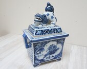 Kutani Porcelain incense burner with shishi lion foo dog finial Meiji period cobalt royal Asian Oriental Japanese Chinese dragon shi vase