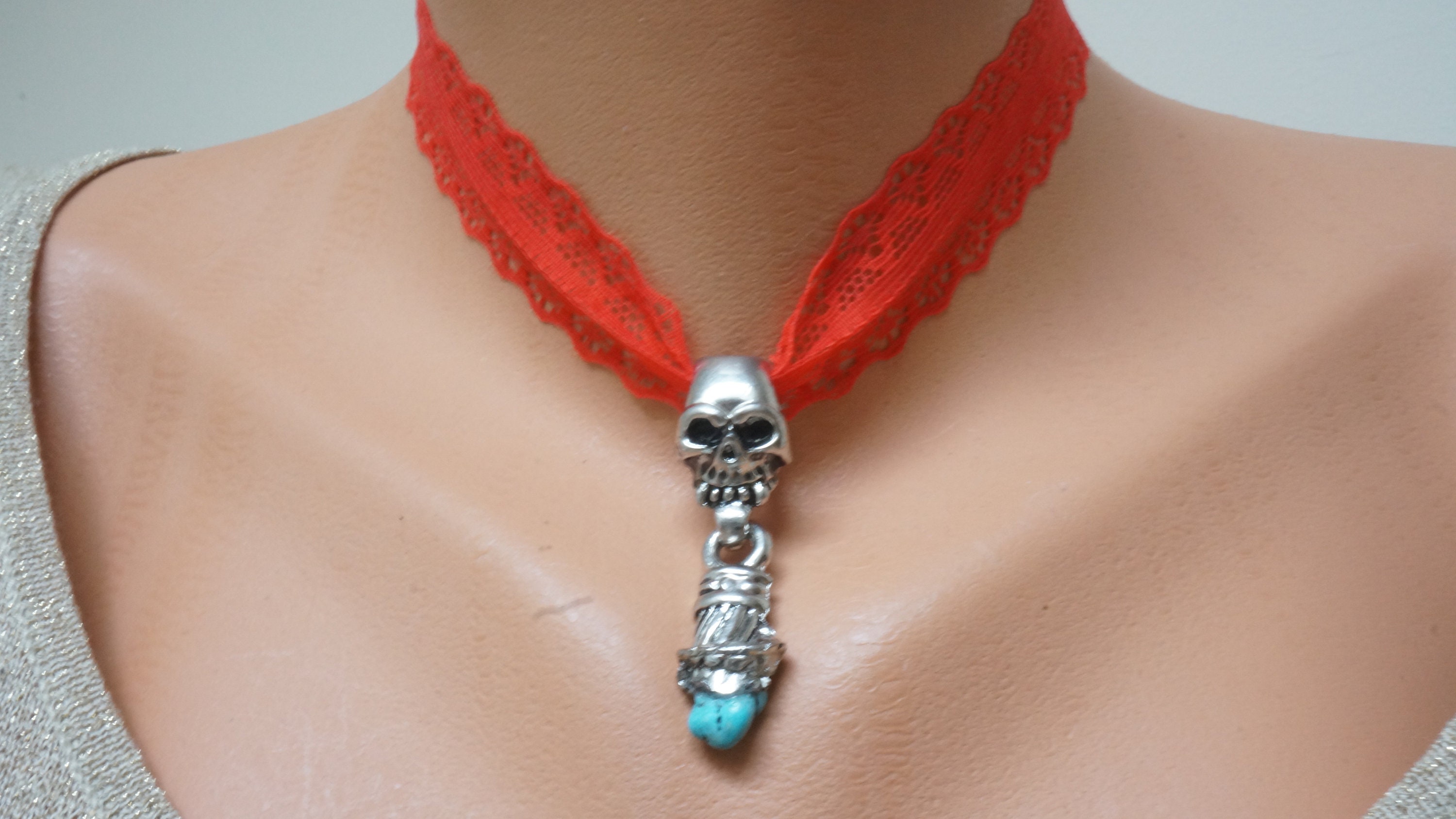 Skull choker necklace, handmade red lace turquoise stone bone Halloween jewelry accessory sugar metal woman silver tone made in Lithuania