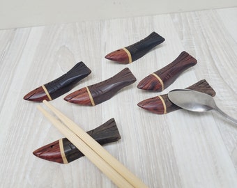 6 fish shaped wooden chopstick rest, Thailand made hand carved wood knife spoon holder, rosewood redwood mahogany coffee tea Hashioki