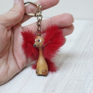2&quot; Erzgebirge wooden poodle dog, handmade keychain toy, real rabbit fur red dollhouse miniature German doll Figurine made in Germany figure