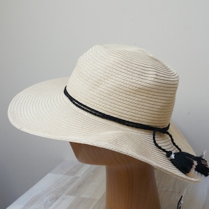 Breite Krempe Stroh Hut Quaste Dekor Papier Bast Fedora Frauen Kappe, Mädchen Frauen Retro Vintage alt Größe M medium beige schwarz rosa Sommer New Stock