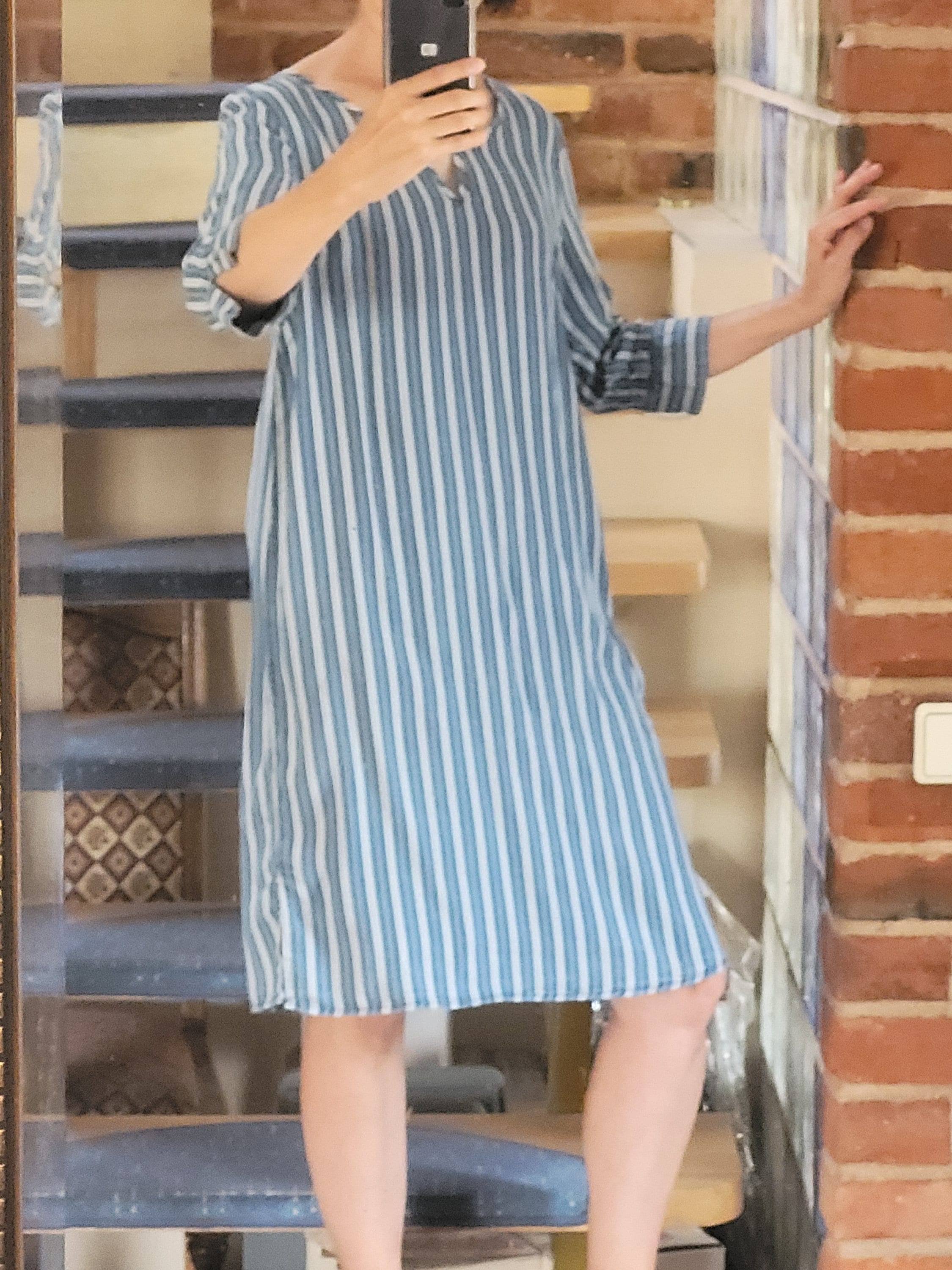 Denim Blue & White Striped Shirtdress, Dress Shirt Retro Loose Fit Tunic,  Size XS S Extra Small Keyhole Neck Tencel Stripe Kaftan Jeans Jean - Etsy