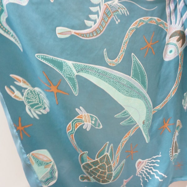 Scarf Shawl large silk nautical marine sea life print made in Europe Retro ocean blue teal vintage square hand s