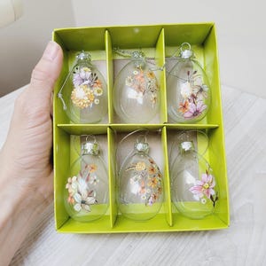 Conjunto de 6 enfeites de ovos florais de vidro, decoração de Páscoa transparente pendurada, decalque de flores, decoração de árvore de Natal em caixa, novo brinde de suprimentos para festa em caixa