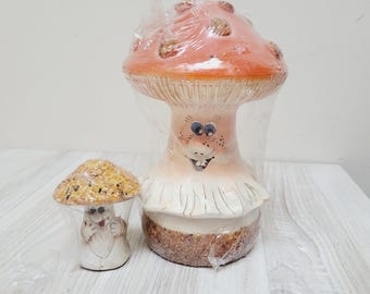 Set of 2 mushroom figurine, amber chip decorated ceramic clay amanita boletus fly agaric made in Lithuania Baltic statuette vintage fungus