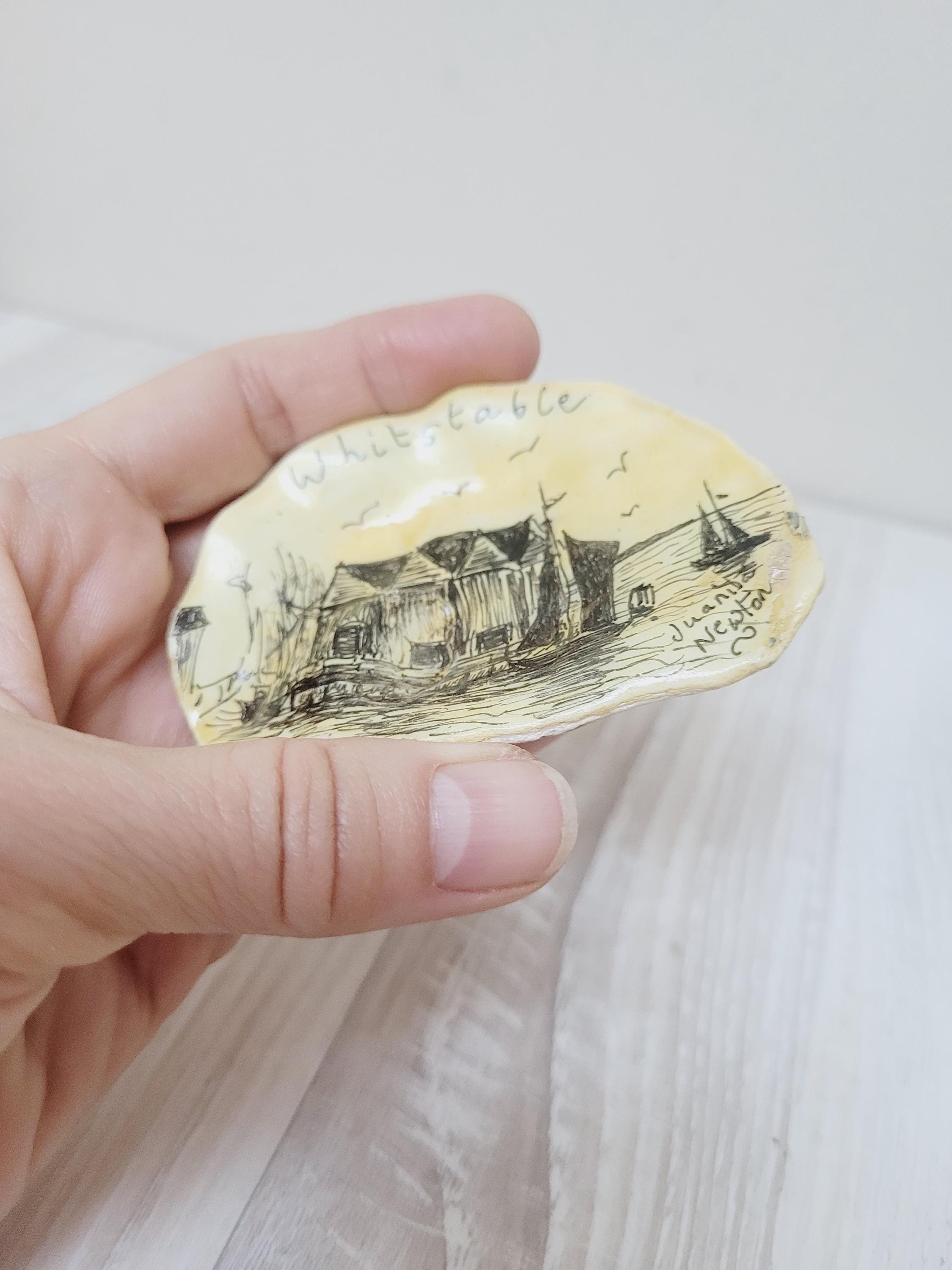Whitstable Drawing Whitstable Ink Drawing on Oyster Shell by Juanita Newton, Little Travel ...