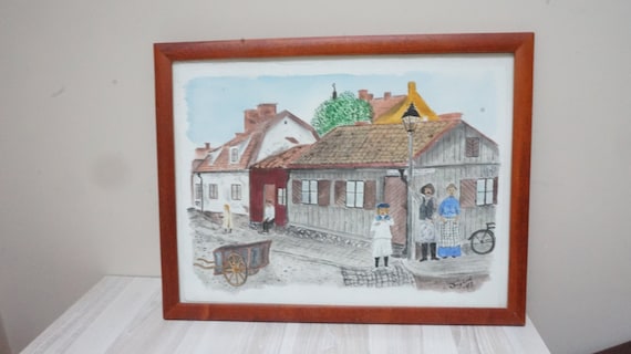 Original large Watercolor framed picture vintage 1990s old town landscape city life signed painting wall hanging downtown street view houses