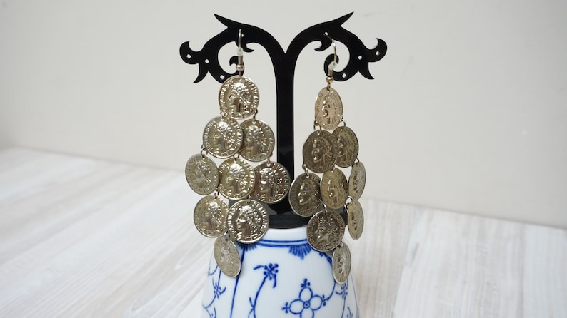 Coin dangle earrings Jewelry hanging charm money brass bronze gypsy boho cluster chunky indian vintage retro French
