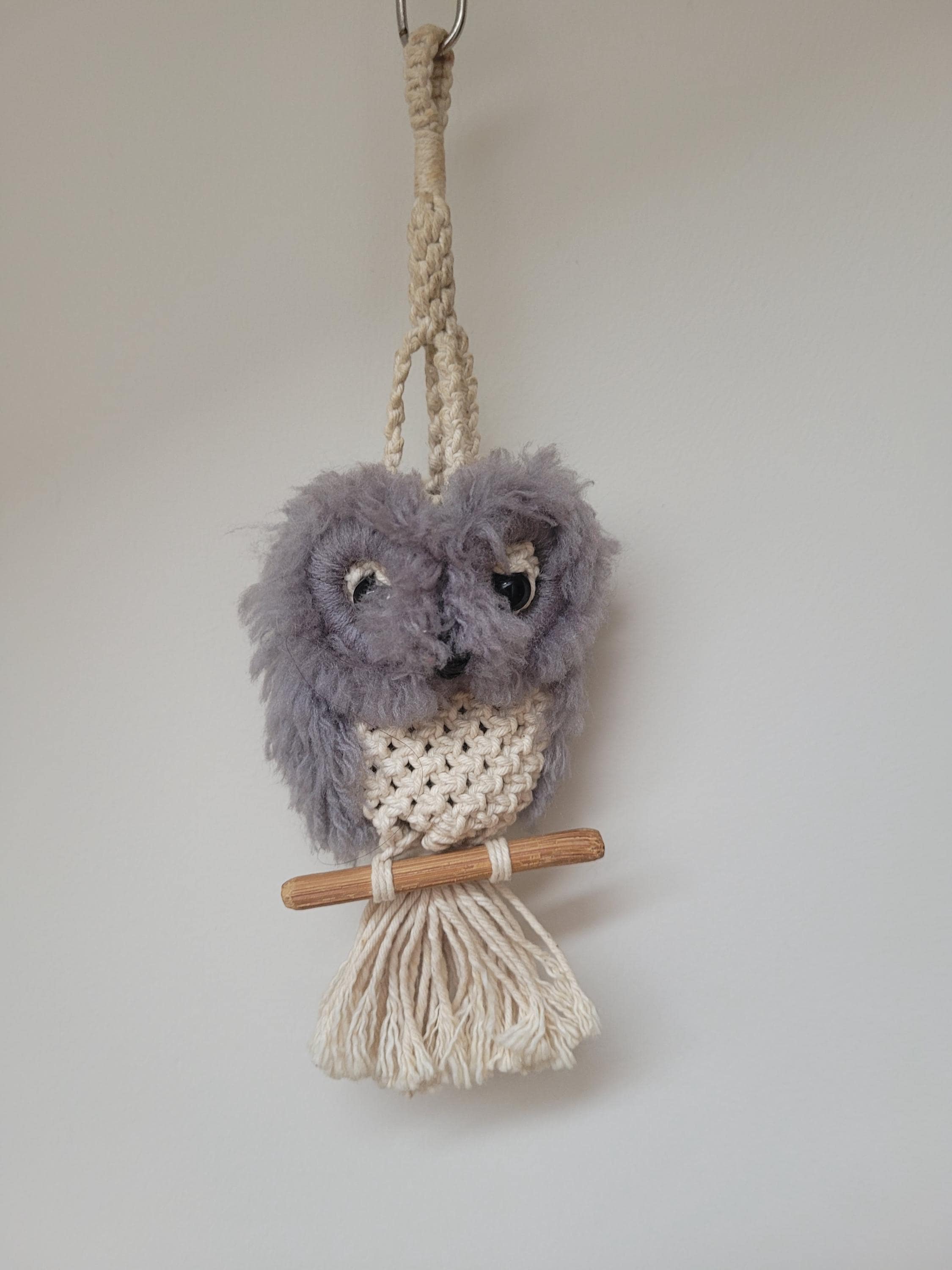 Macrame little owl figurine, wall hanging vintage figure, Retro collectible handmade bird animal rop