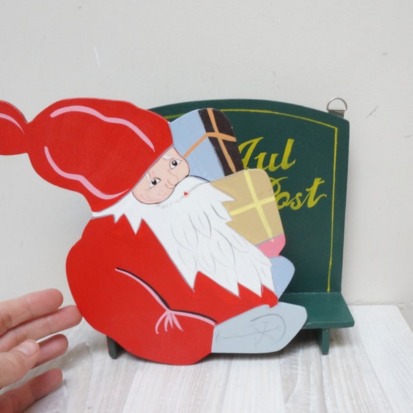 Schwedische Weihnachtspost, Jul Post, Vintage Santa Holzkiste, Kartenbriefkasten Wandbehang Tasche Briefhalter Regal rot grün