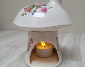 Portavelas con forma de hongo y difusor de aceites esenciales. Quemador de aromaterapia de cerámica con forma de hongo floral vintage, fabricado en Inglaterra.