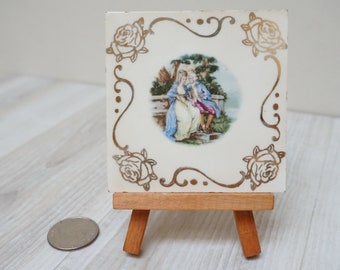 Small tile with courting couple painting print on easel, picture wall hanging ceramic portrait landscape vintage with wooden stand holder