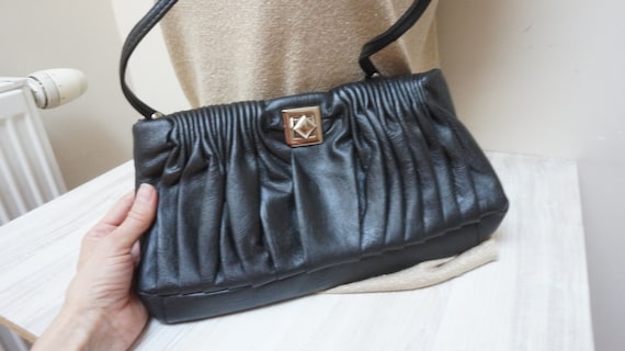 Vegan faux leather Handbag, Vintage crossbody clutch bag black pleated ruffle Retro woman satchel shoulder pouch leatherette oblong silver