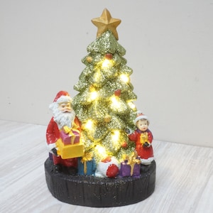 6&quot;/15 cm tall Christmas tree, Santa with children gifts lights, battery operated resin ceramic figurine night light lamp electric led figure