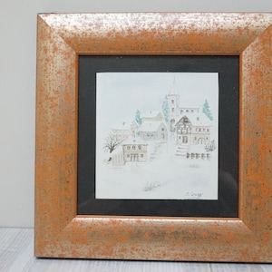 Dipinto ad acquerello originale firmato dall'artista, quadro con cornice in legno, paesaggio invernale della chiesa, città, da appendere al muro in cornice spessa, Natale antico