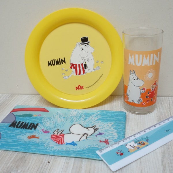 Moomin troll pencil case, ruler, glass and plastic plate vintage mumin by Max Tove Jansson book character movie Snufkin children souvenir