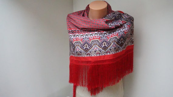 Large red Head Scarf with tassel fringe Shawl squ… - image 6