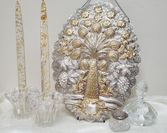 Seltener türkischer Vintage-Hochzeitsspiegel - STAR 900er Silber Große Palmen-Wandbehang - osmanisches Gold- und Silberdekor