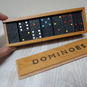 Wooden color domino Dominoes lotto Scrabble Logic Game in box Kid Toy Vintage Retro set white black made in Holland Netherlands Dutch board