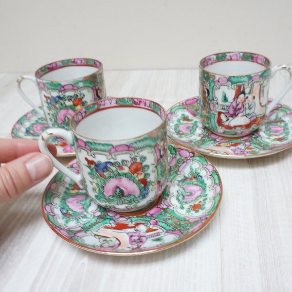 6 piece set Japanese eggshell porcelain hand painted in Hong Kong cup and saucer plate, oriental Asian bone china Demitasse espresso coffee