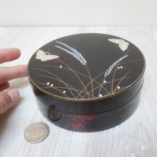 Japanese plastic lacquer butterfly jewelry box, vintage faux mother of pearl shell inlay brown aluminum metal silver tone keepsake trinket