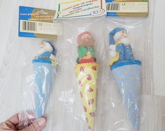 Set of 3 pop-up cone peek-a-boo stick puppet, Dr. Rolf Ottmüller wooden stick gnome wizard Santa clown doll old figurine theater marionette