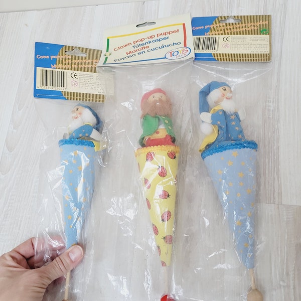 Set of 3 pop-up cone peek-a-boo stick puppet, Dr. Rolf Ottmüller wooden stick gnome wizard Santa clown doll old figurine theater marionette