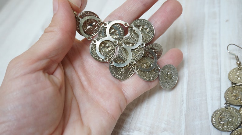 Coin dangle earrings Jewelry hanging charm money brass bronze gypsy boho cluster chunky indian vintage retro French