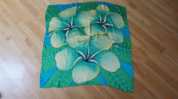 Charlotte Sparre Scarf Shawl large silk flower floral print made in Denmark Retro green turquoise aqua yellow vintage square rolled edges Charlotte Sparre Scarf Shawl large silk flower floral print made in Denmark Retro green turquoise aqua yellow vintage square rolled edges