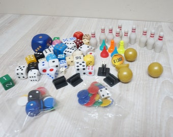 178 game pieces, 42 Dice lot set blue green red yellow white board table game Retro vintage plastic wooden altered art craft supply skittle