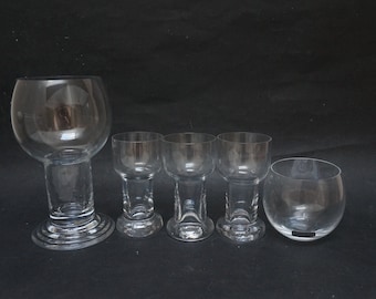 5 Kosta Boda Bertil Vallien Picnic and Chateau drink glasses, Swedish Vintage Retro shot seltzer wine mismatched glass made in Sweden