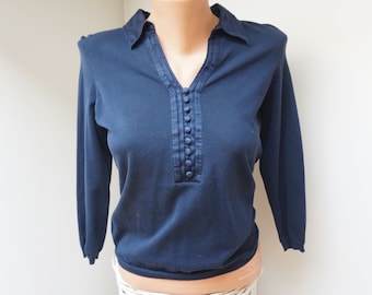 HUGO BOSS Blouse en jersey de soie mélangée, TP bleu marine manches 3/4 femme vintage haut taille très petit pull fin satin col boutonné vieux