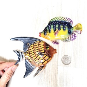 Set of 2 ceramic fish ornament, Christmas tree wall hanging glazed riff fish, Italian room nursery decor, little color glazed terracotta old