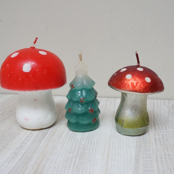 3 Christmas tree and amanita mushroom shaped Soviet candle, paraffin Figurine Vintage Retro made in Russia USSR Russian Xmas green white red