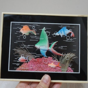 3D reef fish aquarium diorama, wall hanging shadow box, exotic tropical multi color rainbow fishes faux coral vintage plastic framed picture