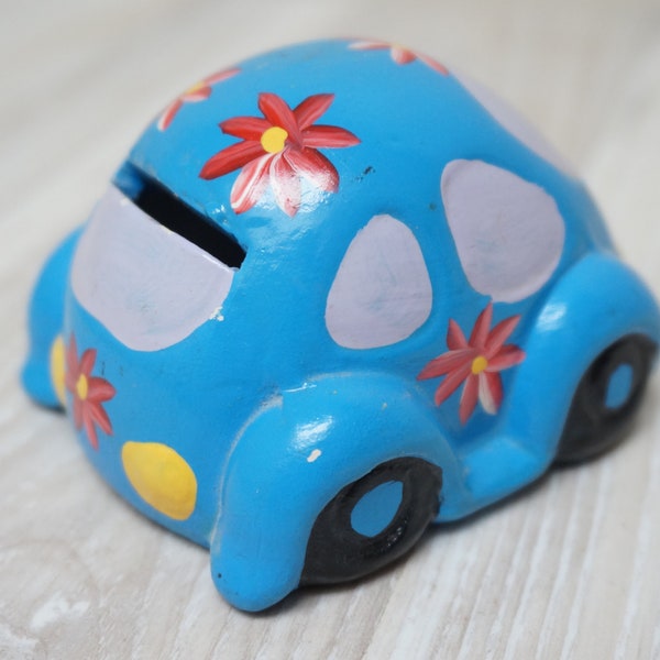 Little blue old car money bank, ceramic piggy box figure, funny vintage floral figurine, hand painted flower coin sculpture mini kitschy toy