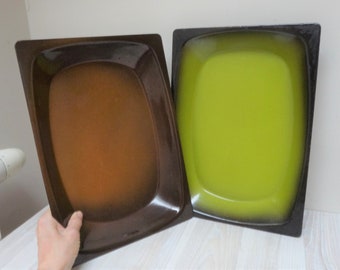 Set of 2 rectangle enameled oven baking tin molds / dishes, metal loaf bread cake pan dish retro made in Sweden large cake pie bowl plate