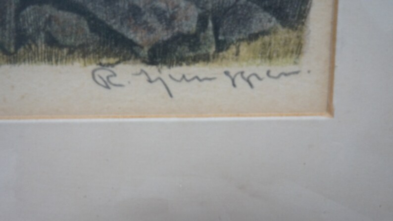 May include: A black and white print of a landscape scene with a signature in the bottom right corner that reads "R. Zimm 1961."