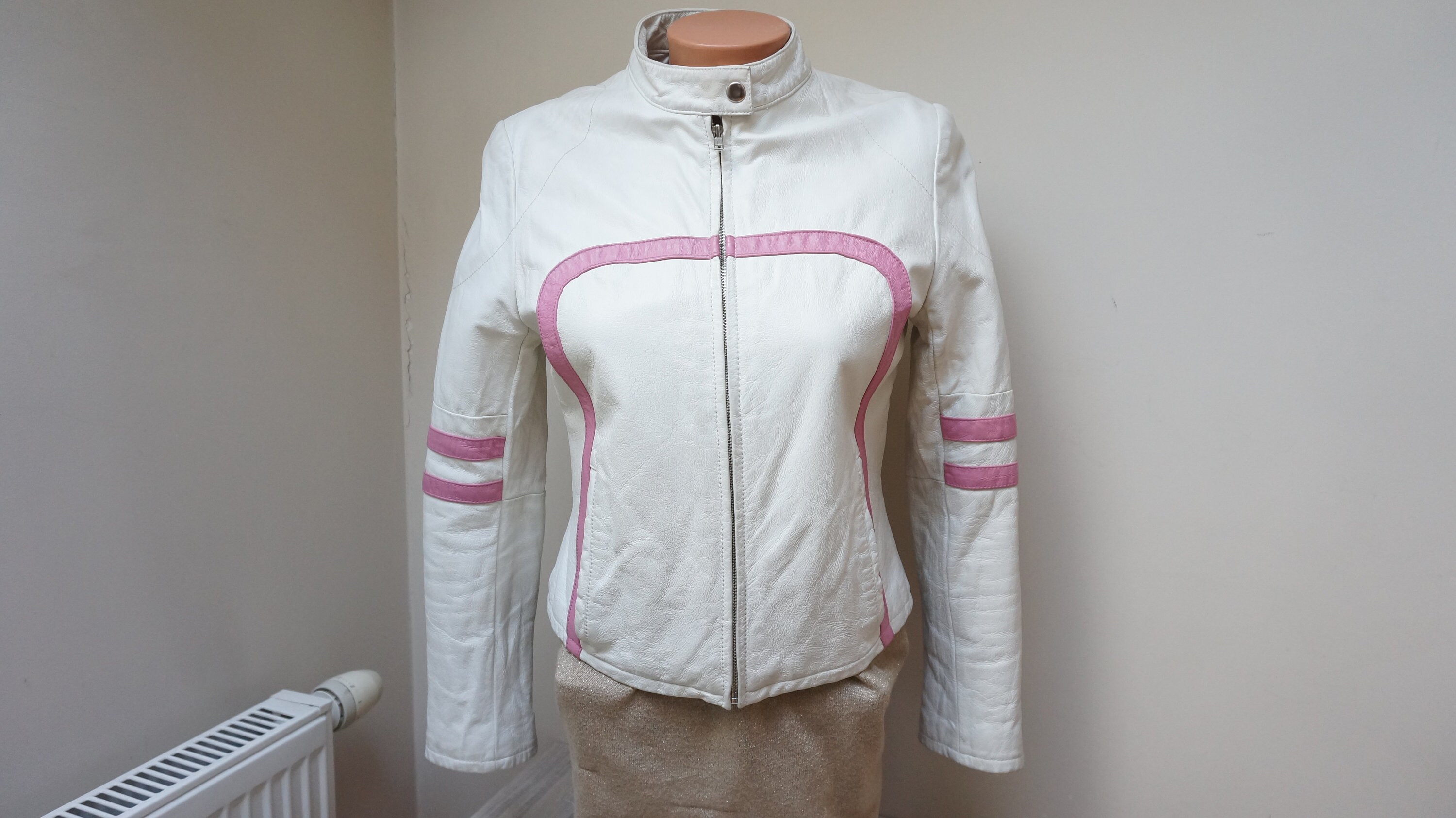 Women's Wilsons Leather Maxima biker jacket, white/pink moto