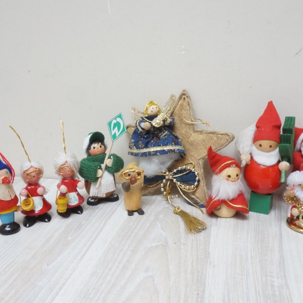 10 Erzgebirge Christmas figurine, Santa gnome pixie tomte angel wife wood Swedish German Vintage ornament doll wooden made in Germany dolls