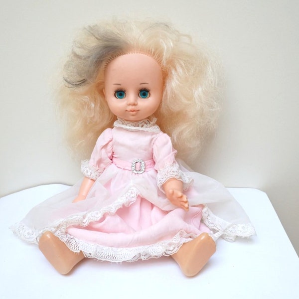 SALE Doll Soviet Kid Toy Rubber Vintage Retro ussr Soft Gift Blond hair Russian Pink Princess Dress Home Decor off clearance