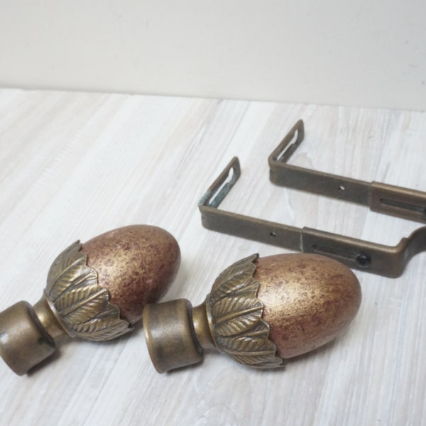 Vintage brass and wood egg shaped curtain pole ends finials and holders, French set of Victorian pinecone Retro made in France Ball bronze