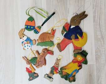 9 flat Erzgebirge hand carved Easter hanging ornaments, bunny egg duck set of Wooden Vintage Figurine handmade in Germany German rabbit eggs