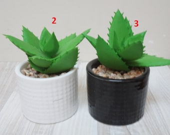 Artificial potted succulent in ceramic vase pot planter handmade faux fake imitation simulation with green flower round cylinder shape