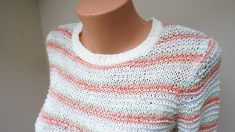 Stripe pastel Sweater Women Girl pullover orange green blue white striped Retro jeans size S M small medium vintage knitted chunky oversized