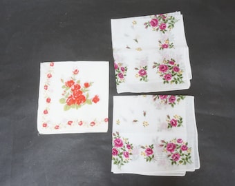 Lot of 3 rose print handkerchiefs, vintage cotton gauze fabric kid retro floral pink red white set, flower woman thin reusable square hankie