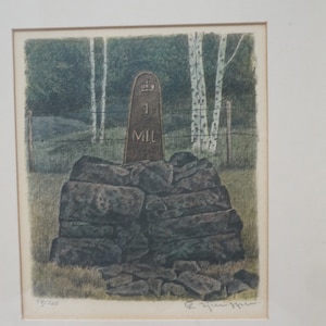 May include: A vintage woodblock print of a stone pile with a brown sign that reads "1 MIL" in a forest setting. The print is signed and numbered.